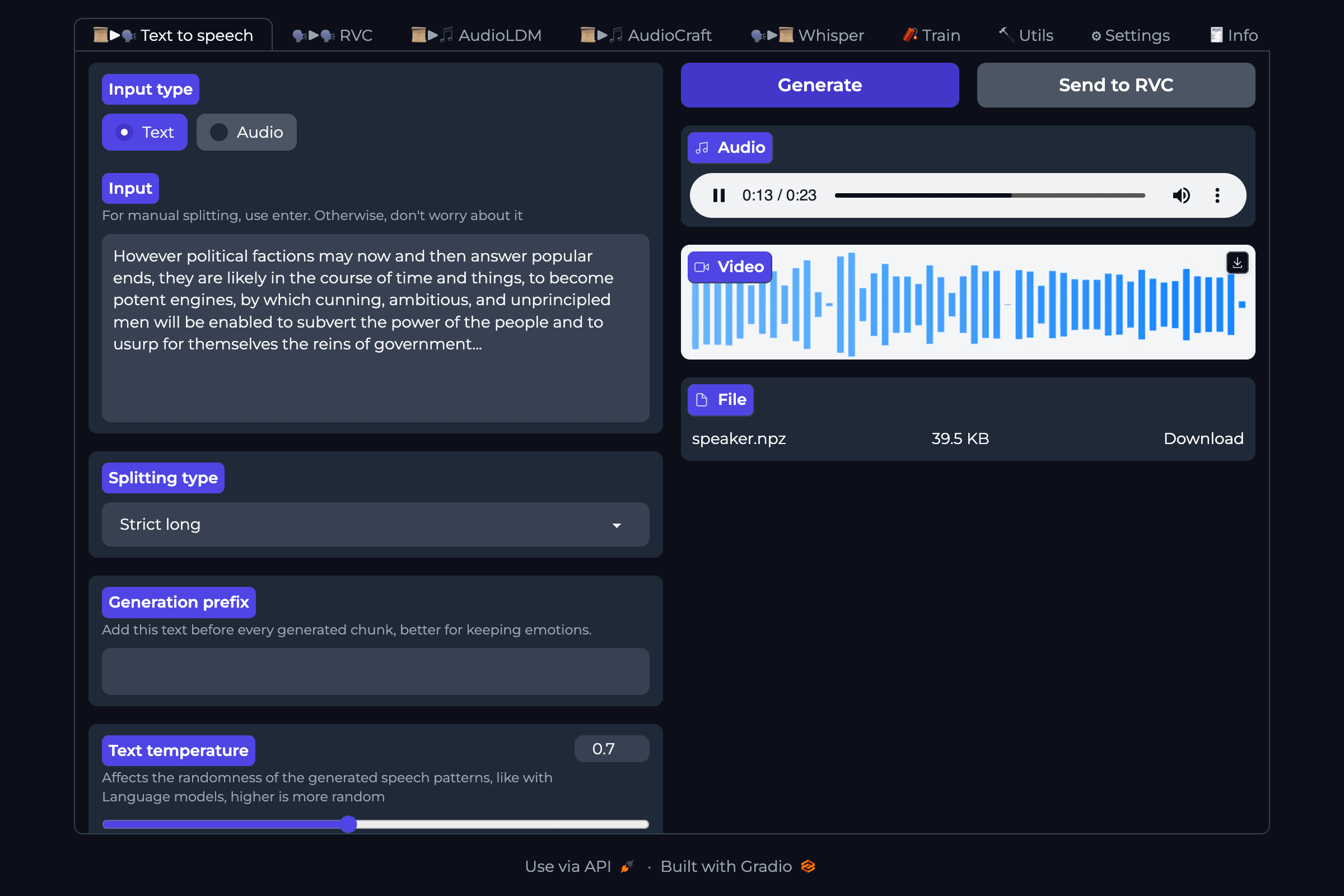 Generate realistic speech from text prompts.