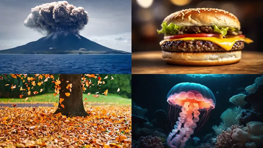 A grid of four diverse still scenes illustrating the output variety of Stable Video Diffusion XT 1.1