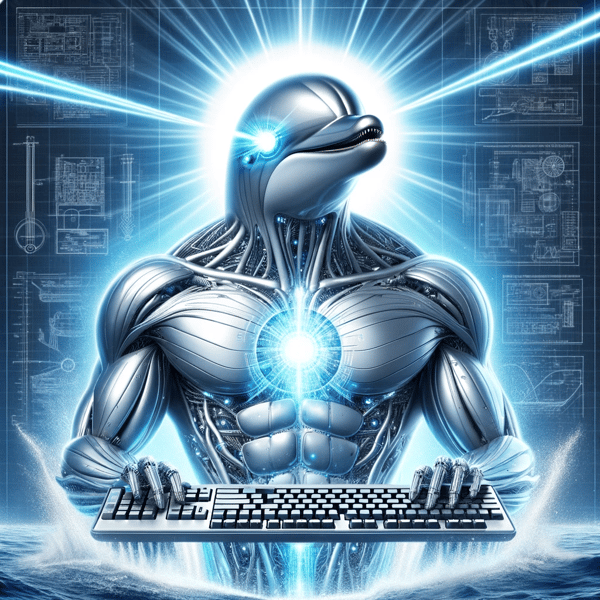 Futuristic dolphin-headed humanoid interacting with a keyboard, representing Dolphin 2.7 Mixtral 8X7B.