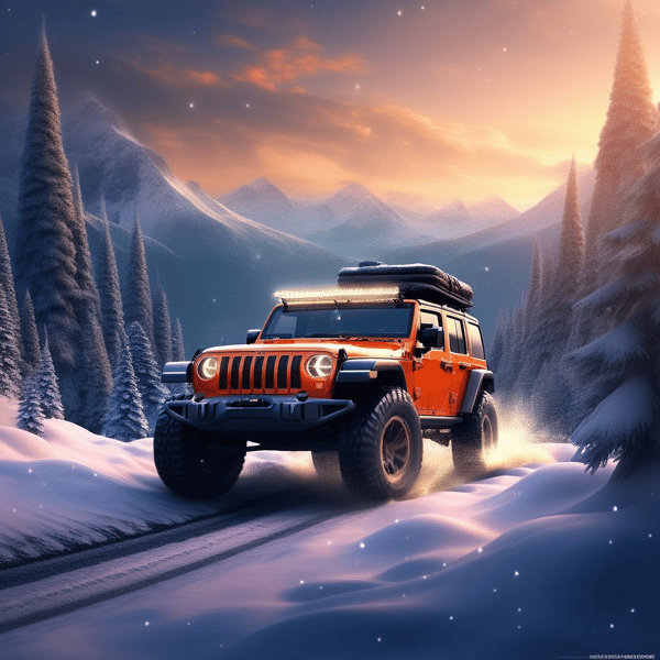 Jeep in snowy mountains output