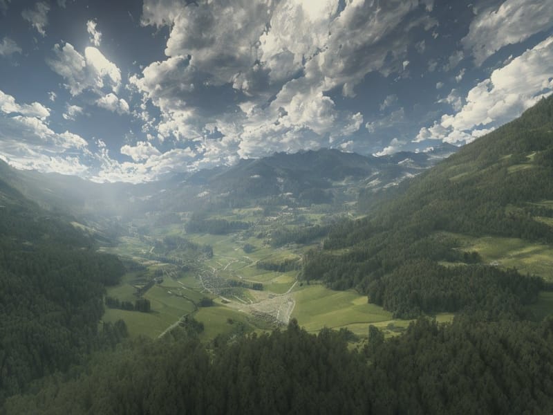 Stable Diffusion 2-generated landscape: lush green valley
