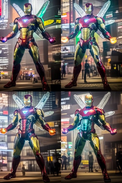 Multiple photo-realistic renders of an Iron Man-like figure generated by ControlNet using edge and shuffle controls