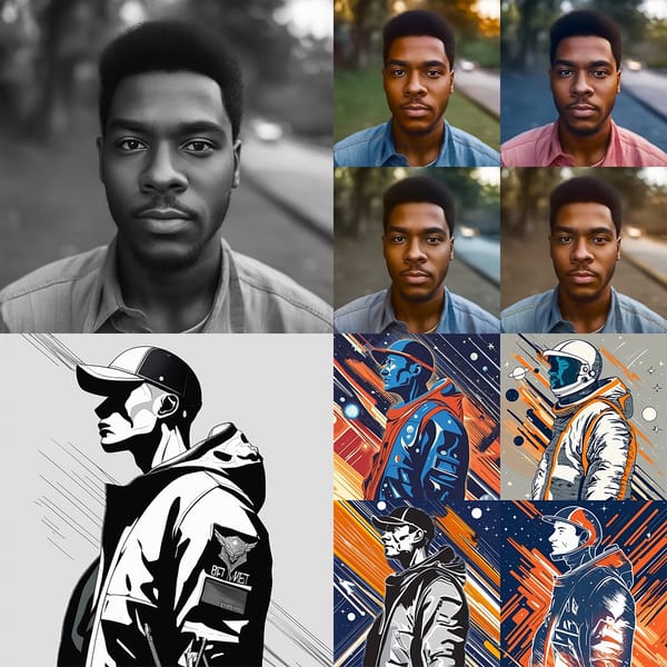 Collage showing colorized versions of a black and white portrait and sketch