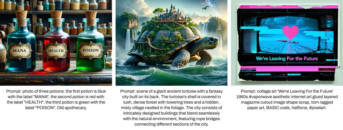 Compilation of three AI-generated images with accompanying prompts, demonstrating prompt-to-image ability