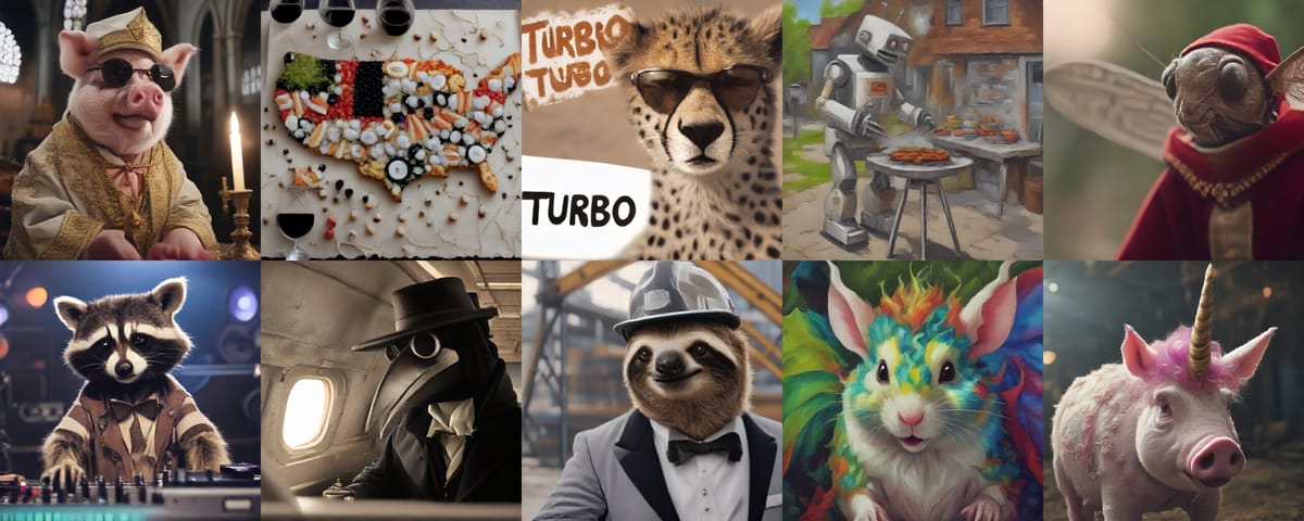 A collage of various distinct photorealistic and imaginative images generated by SDXL Turbo, including anthropomorphic animals, mythical creatures, and detailed scenes.