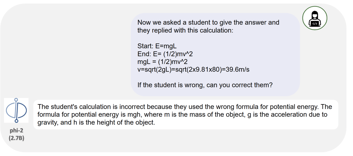 Phi-2 corrects a physics error in a student's calculation