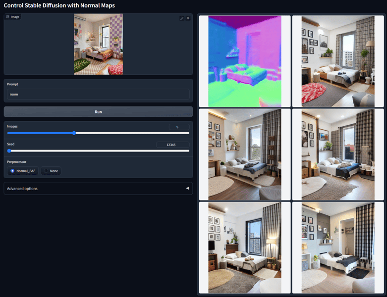 Interface and output images for prompt 'room' using a normal map