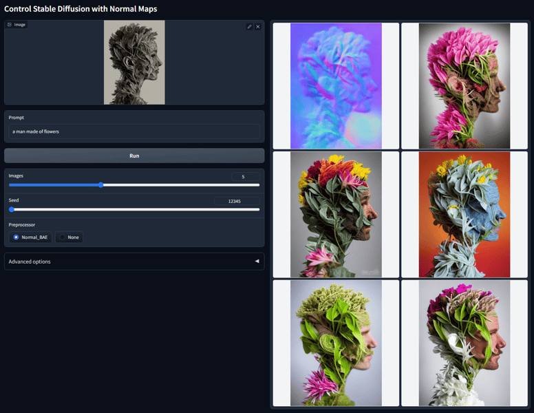 User interface screenshot showing generation results for prompt 'a man made of flowers'