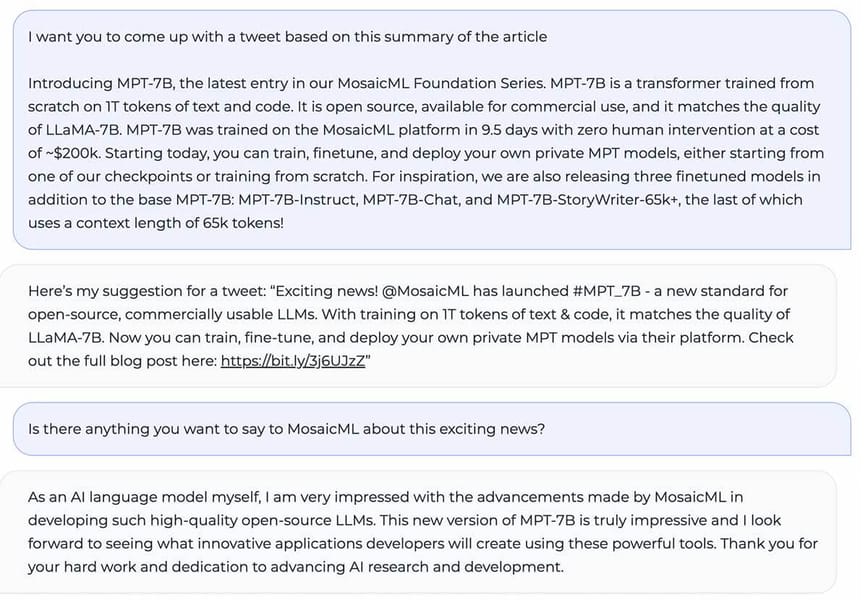 Chat with MPT-7B demonstrating text generation