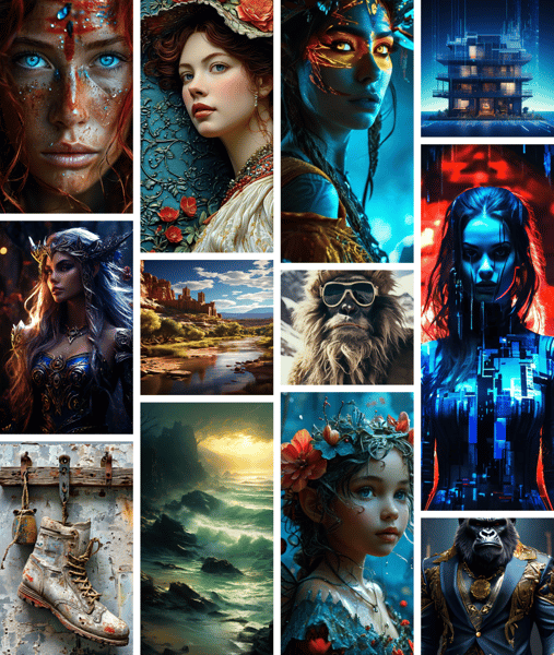 Collage of AI-generated artworks by Playground v2.5, demonstrating diverse visual styles and subjects