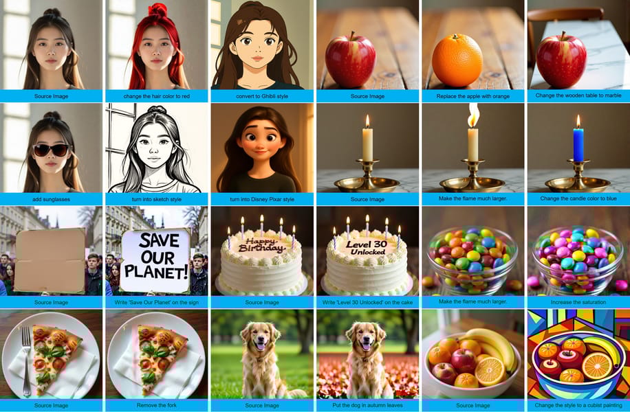 HiDream-E1 demonstration grid showing diverse image edits