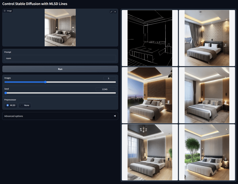 Screenshot of ControlNet SD 1.5 MLSD batch output