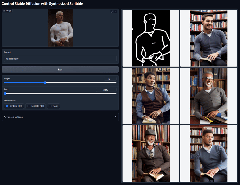 Batch test: ControlNet Scribble 'man in library' prompt