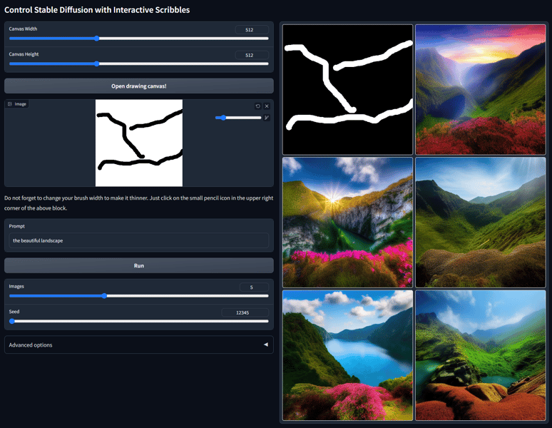 Interactive demo: ControlNet Scribble landscape prompt