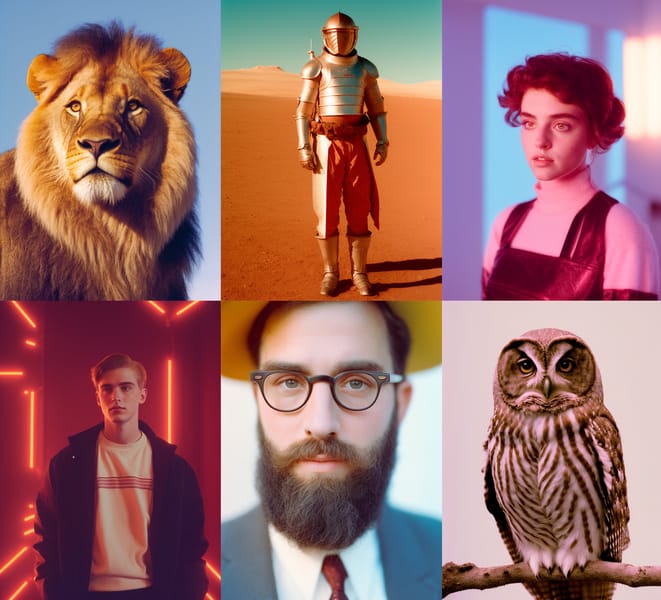 Example collage of character and animal outputs generated by Analog Diffusion