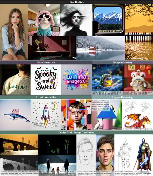 Grid of outputs demonstrating Lumina-Image 2.0's varied capabilities