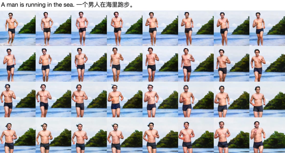 Frame grid of a generated video: man running in the sea