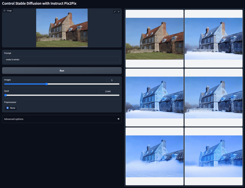 Demonstration of 'make it winter' prompt with ControlNet SD 1.5 IP2P