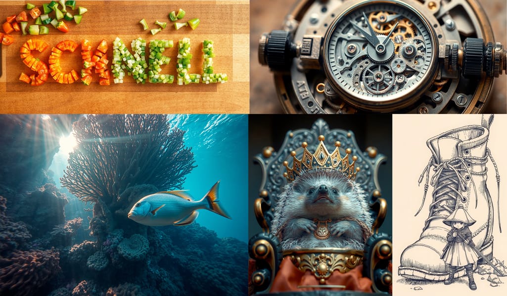 Collage of five images generated by FLUX.1 [schnell]