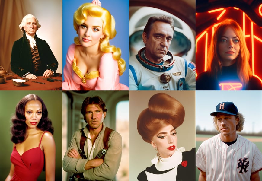 Analog Diffusion output collage showing various portraits with an analog film effect