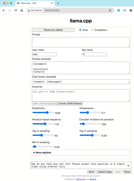 Local deployment interface for the Yi model
