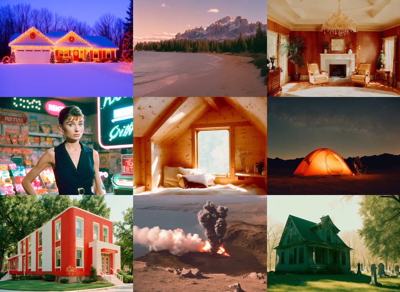 Grid of diverse environments showcasing analog style output from Analog Diffusion