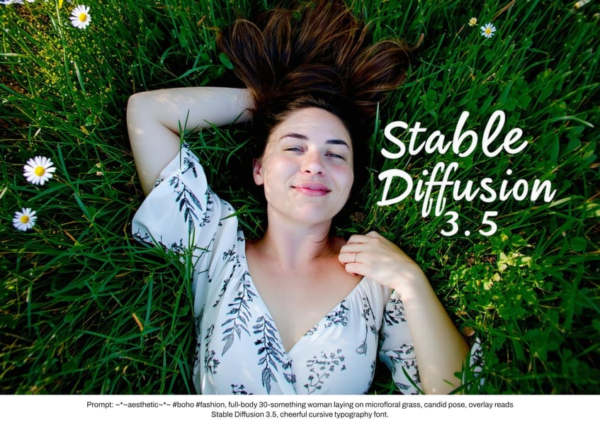 Photorealistic image generated by Stable Diffusion 3.5, featuring a woman lying in grass with daisies, illustrating model capabilities