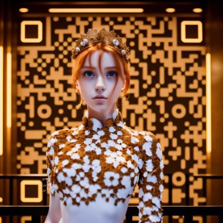 Portrait with glowing QR code background