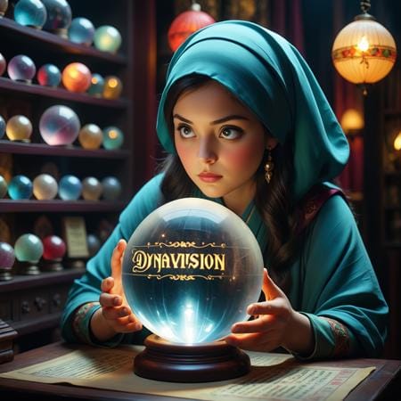 DynaVision XL output: woman with crystal ball in 3D-stylized scene