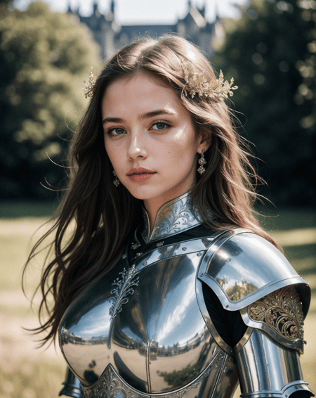 Highly detailed photorealistic AI portrait by Absolute Reality, showing a young woman in reflective medieval armor