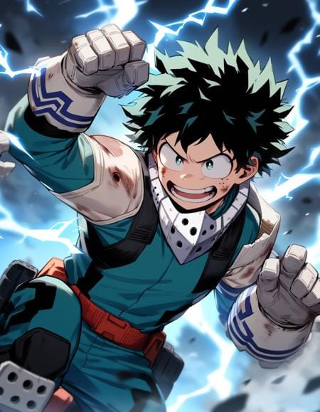 Anime character inspired by Izuku Midoriya surrounded by energy