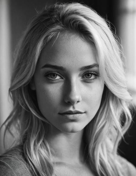 Realistic Vision XL output: black and white portrait of a young woman