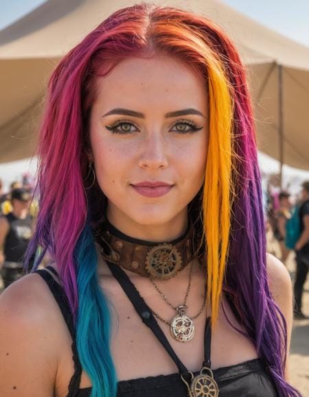 AI-generated portrait of a young woman with multicolored hair, generated by Realism Engine SDXL