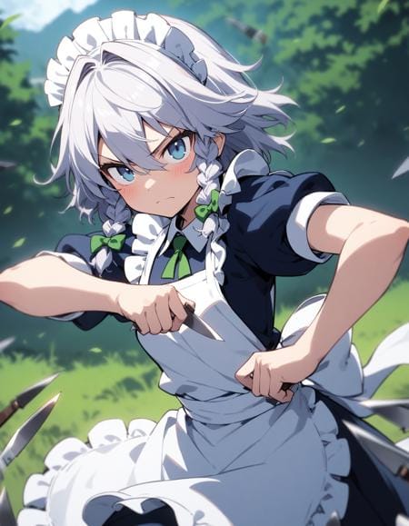 Anime-style maid character in motion, holding knives