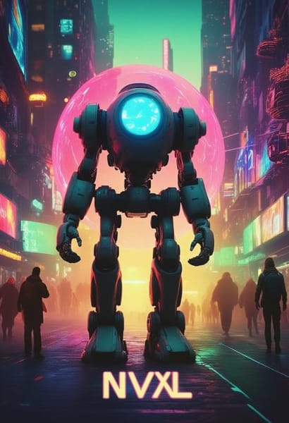 Cyberpunk robot in cityscape - NightVisionXL output