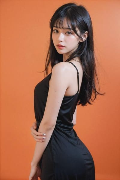 MajicMIX Realistic output: woman in black dress with orange background