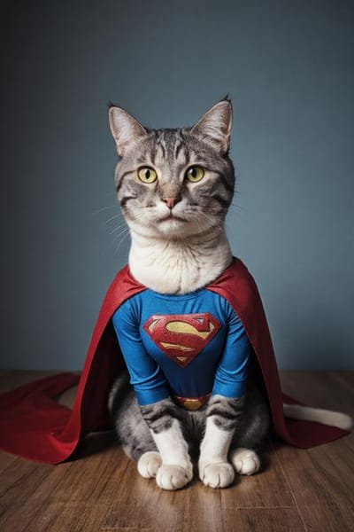 AI-generated photograph of a cat wearing a Superman costume