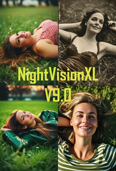Collage of four photorealistic portraits labeled NightVisionXL V9.0