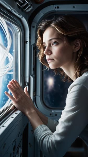 Female figure at spacecraft window, space-themed AI art