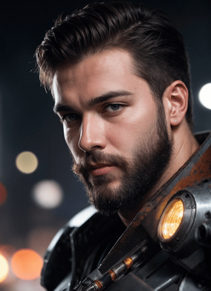 Photorealistic portrait of a young man in metallic futuristic armor, generated by Absolute Reality