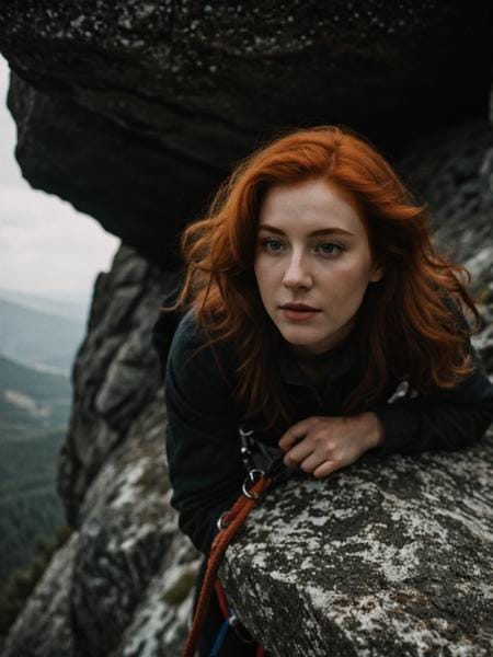 A detailed AI-generated photo of a woman climbing in a mountain landscape