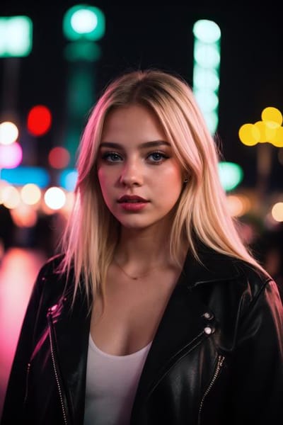 CyberRealistic Classic output: portrait of a young woman by city lights