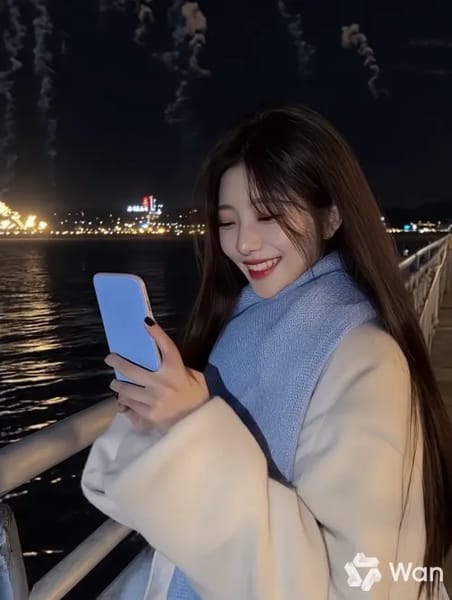 AI-generated video frame of a young woman near water