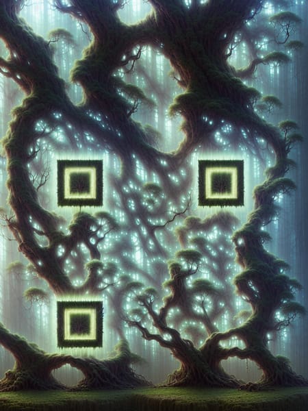 Mystical forest scene with QR code elements
