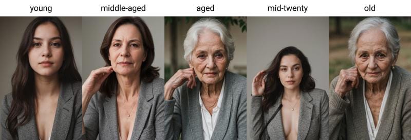 A set of five photorealistic AI-generated images showing women of different ages