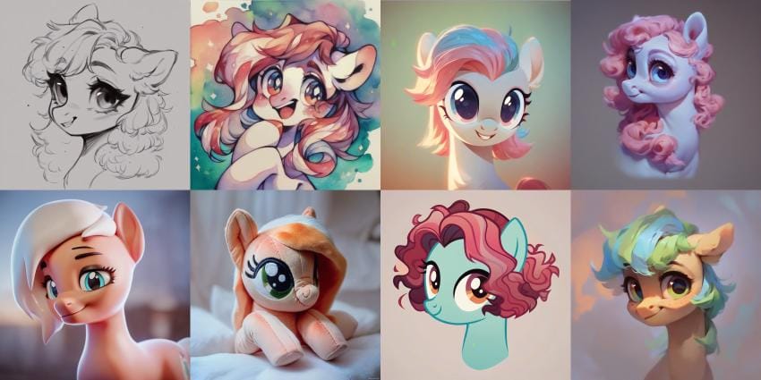 Grid showing varied My Little Pony-style model outputs